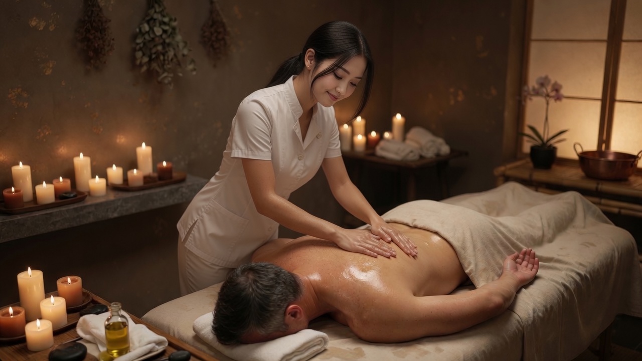 Massage therapist providing a private back massage at Lucky Relax Spa
